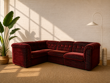 Load image into Gallery viewer, Original 1970s Italian Zanotta four-piece modular sectional sofa reupholstered in burgundy checkered velvet with tufted backs and rolled arms.
