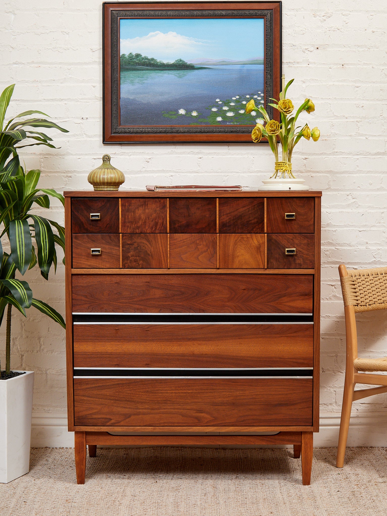 Restored Walnut Highboy Dresser with Black Lines – Sunbeam Vintage