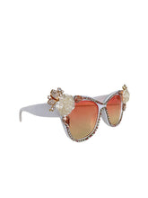 Load image into Gallery viewer, White Frame with White Rose Accents bejeweled Sunnies
