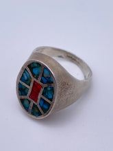 Load image into Gallery viewer, Native American Sterling Ring with Turquoise and Coral Inlay
