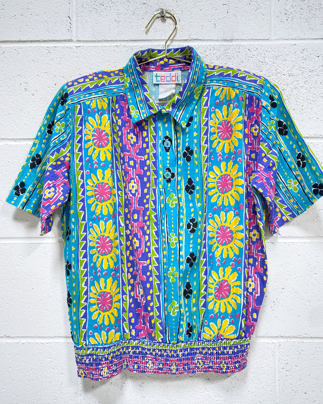 Vintage Colorful Blouse with Elastic Waist (S)