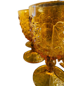 Set of Six Amber Glass Daisy Button Goblets