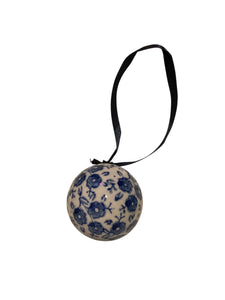 Blue flower and White Porcelain Sphere Christmas Ornament