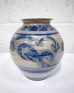 Blue and Grey Stoneware Bulbous Vase, Signed