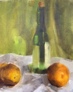 Vintage Still Life Painting of Oranges and Wine