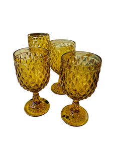 Set of Four Diamond Pattern Amber Goblets