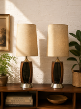 Load image into Gallery viewer, Vintage Mid-Century Table Lamp featuring Sculptural Wood Frame, Smoked Glass Panels, Metal Base and Tall Neutral Fabric Shade
