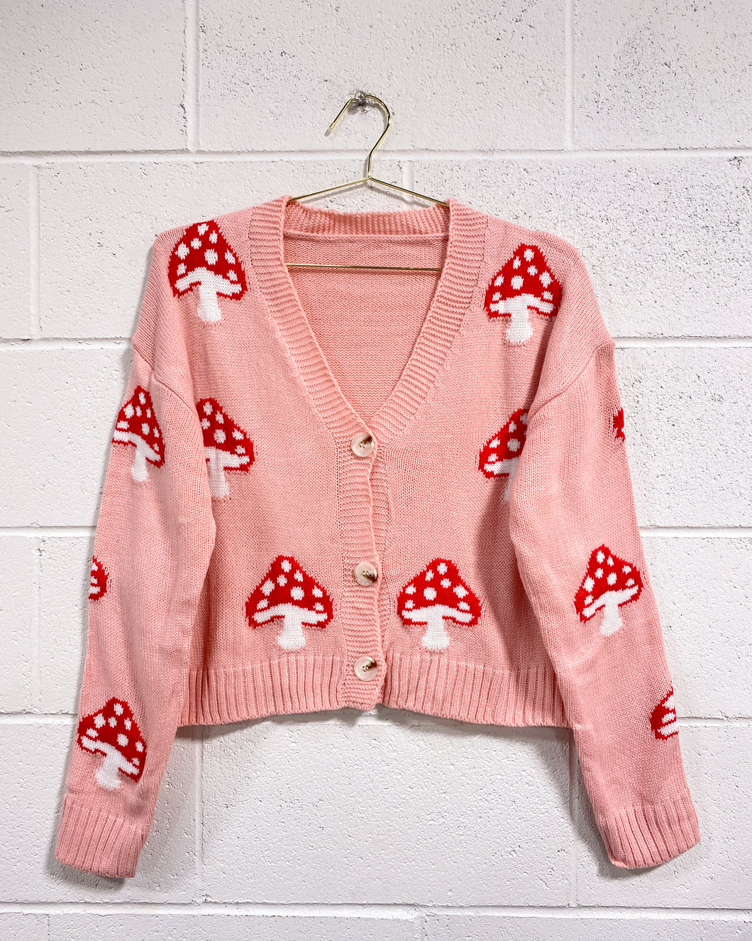 Pink Cardigan with Red Mushrooms (L)