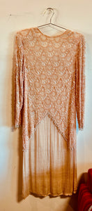 Vintage Pink Silk Pearled Beaded Lace & Nude Cocktail Gown