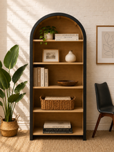 Load image into Gallery viewer, Sculptural Arched Bookcase in Natural Wood with Black Frame

