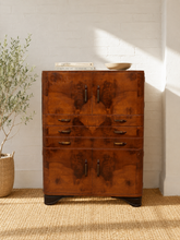 Load image into Gallery viewer, Vintage Art Deco burl wood highboy by Empire Furniture of Rockford Illinois with double cabinet doors, three drawers and metal hardware.
