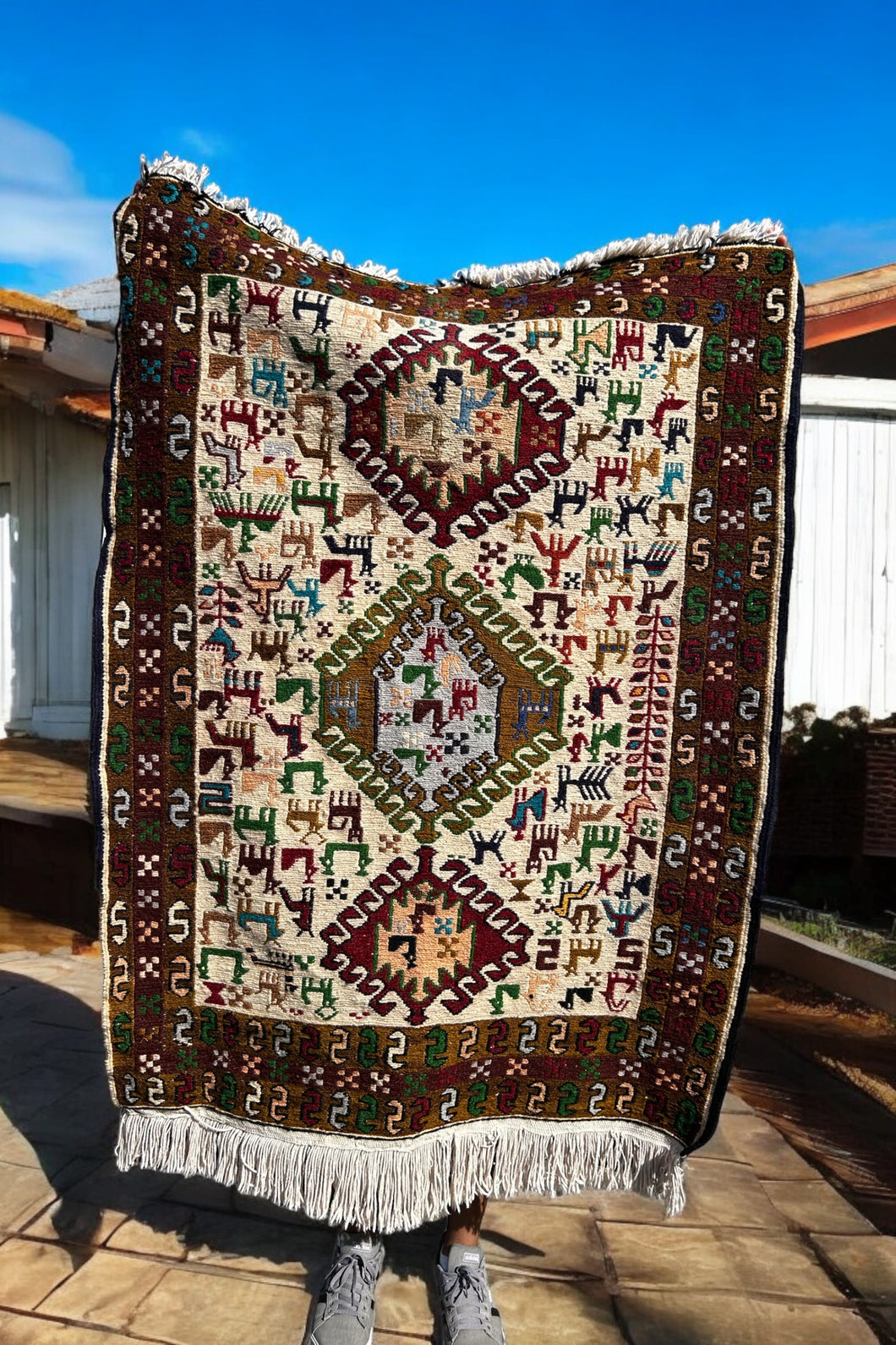 Beautiful Wool Rug with Colorful Animals on it