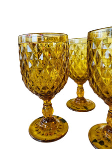 Set of Four Diamond Pattern Amber Goblets