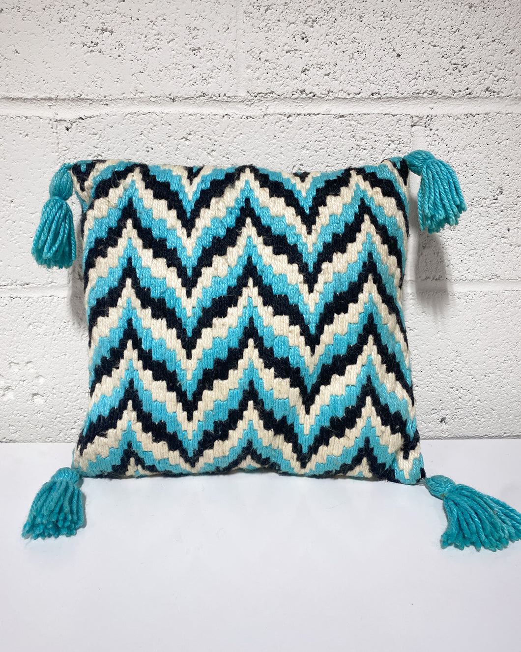 Vintage Turquoise and Black Woven Pillow with Tassels