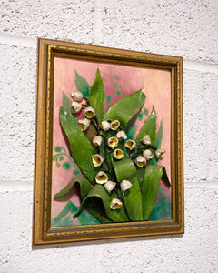 Vintage Framed Ceramic Lily of the Valley Art - As Found