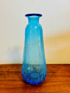 Vintage 1960s Blue Crackle Rainbow Handblown Glass Decanter Vase