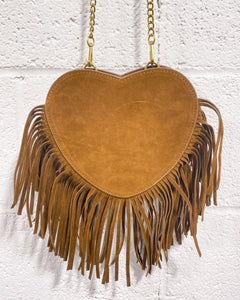 Faux Suede Brown Heart Purse with Fringe