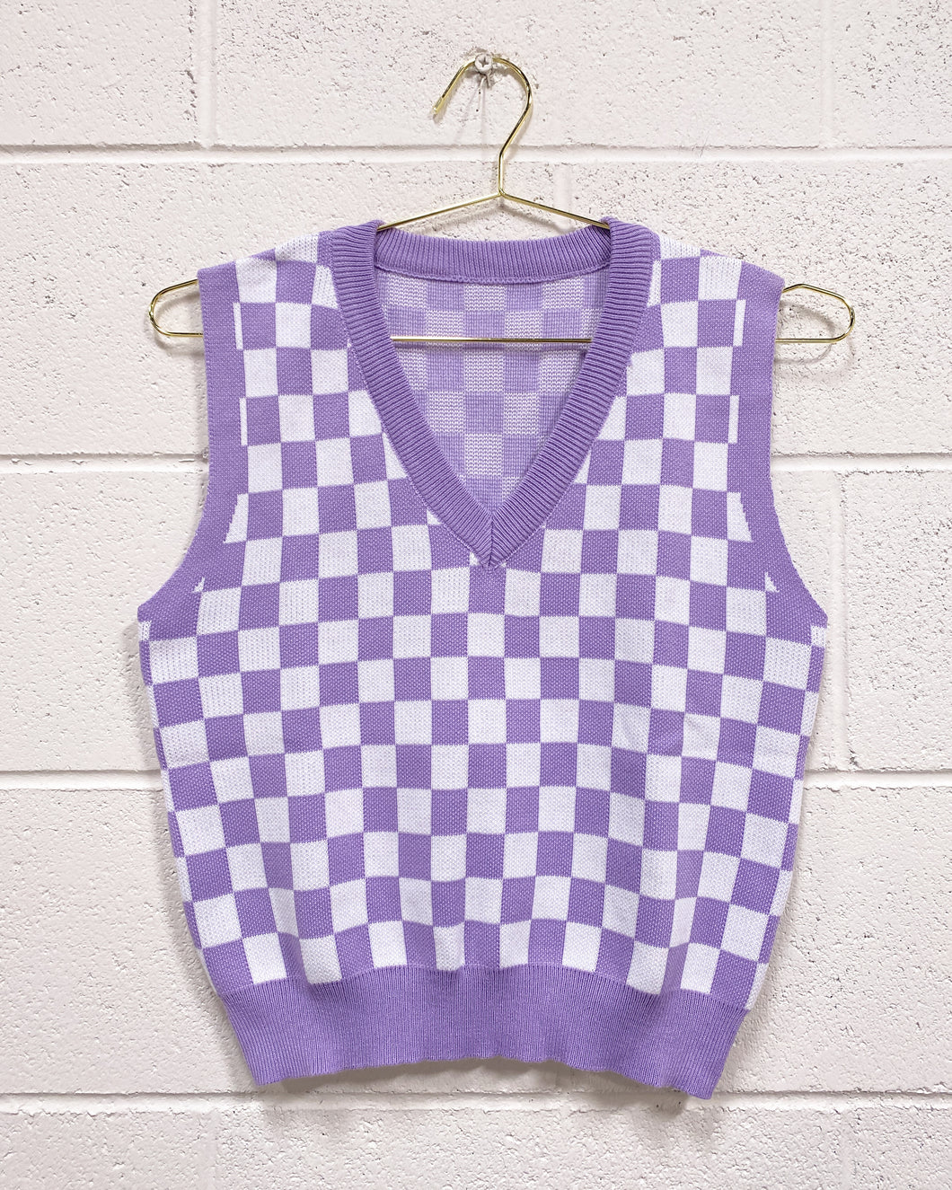 Lavender and White Checkered Knit Vest