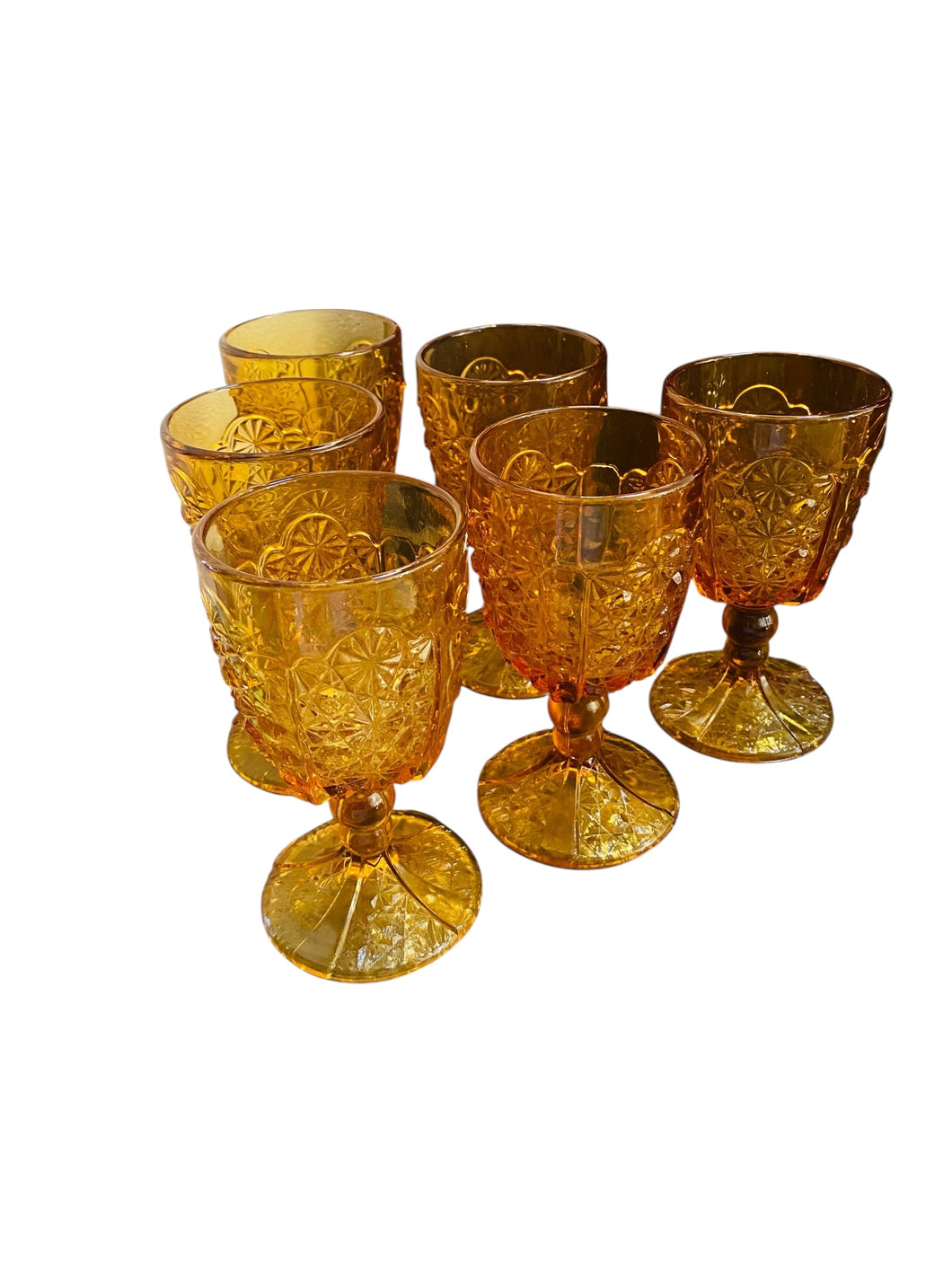 Set of Six Amber Glass Daisy Button Goblets