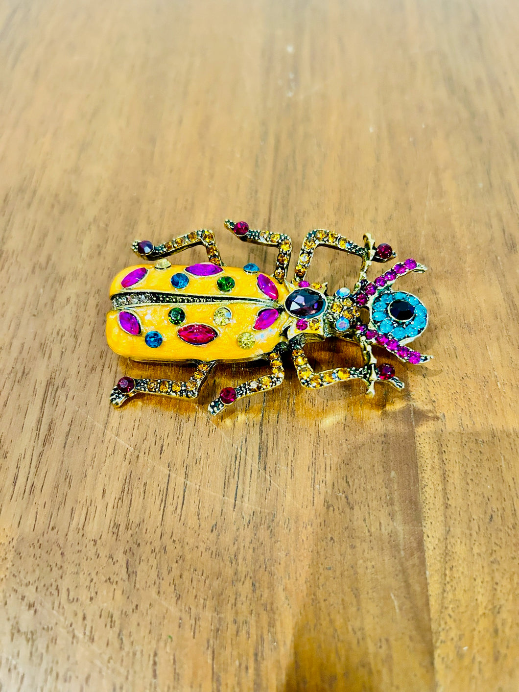 Big Enamel Beetle Rhinestone Brooch In Yellow