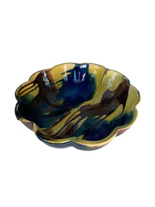 Vintage Oaxacan Blue Green Drip Glaze Scalloped Bowl