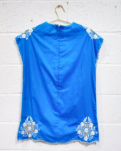 Vintage Turquoise Embroidered Long Blouse - As Found (M)