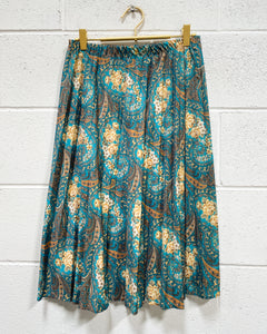 Vintage Teal Pleated Skirt with Flowers and Paisley