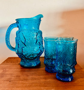 Vintage Rainforest Blue Pitcher and Glass set of 7
