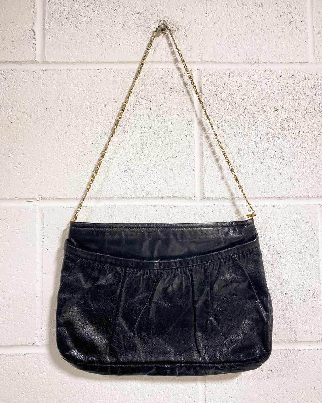 Black Leather Purse with Gold Chain