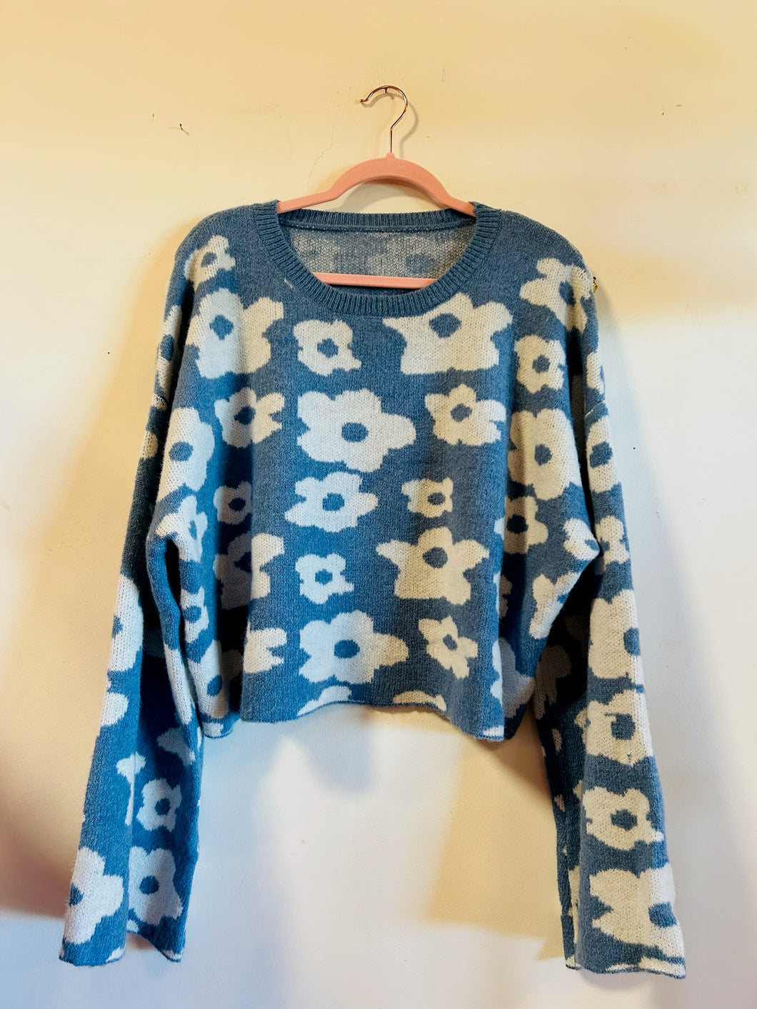 Dusty Blue with Flowers Crop Top Sweater