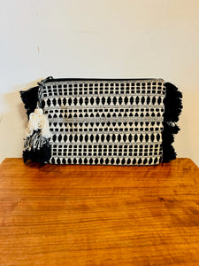 Woven Fringe Tassel Mud Pie Black and Ivory Envelope Clutch Purse