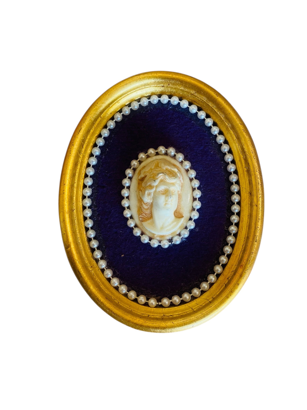 Antique Cameo Portrait in Gilded Oval Frame with Velvet and Pearl Trim