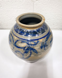 Blue and Grey Stoneware Bulbous Vase, Signed