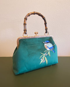 Green Velvet Purse with Bamboo Handle