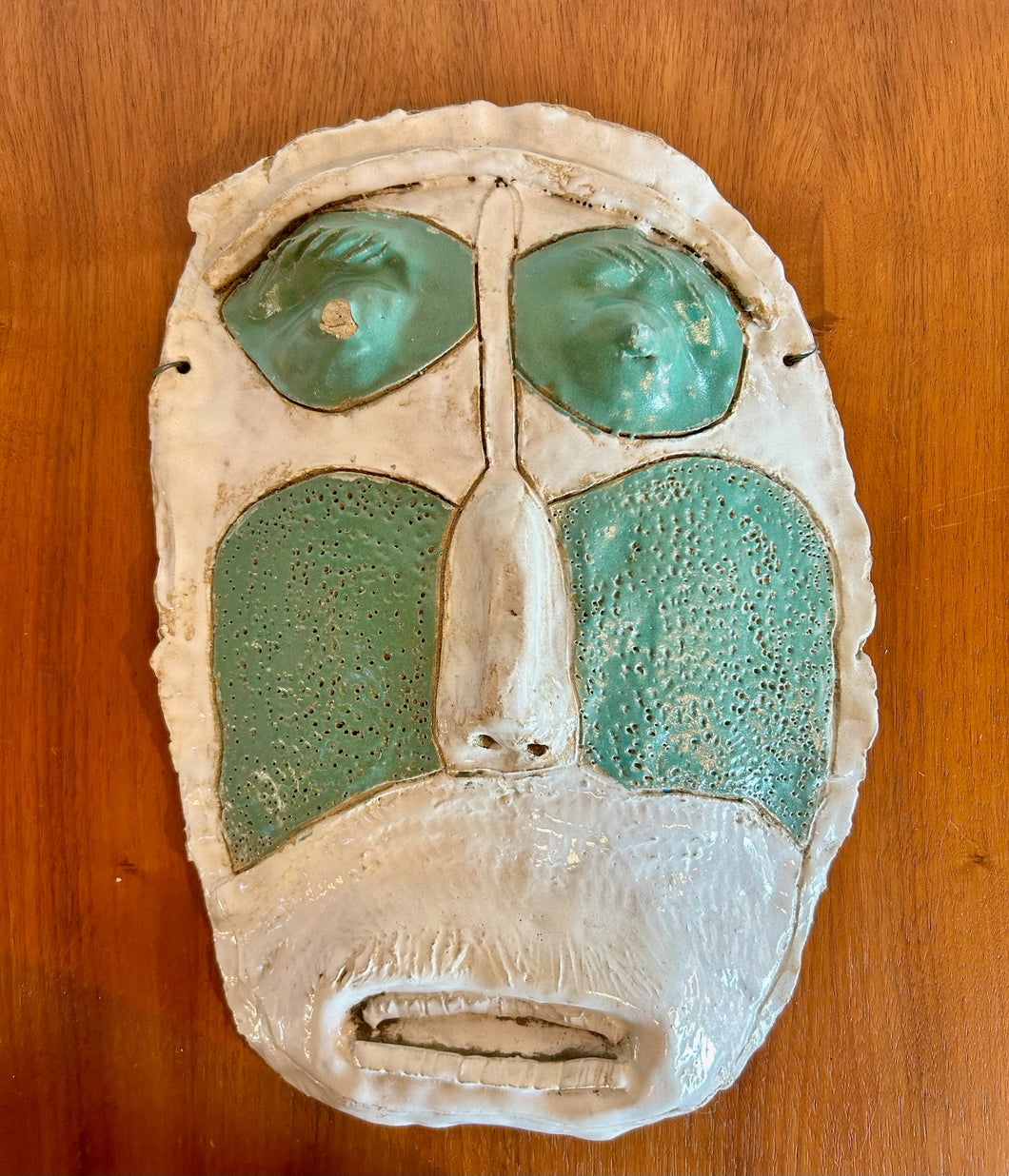 Handcrafted Two Tone Mask Stoneware Turquoise & White