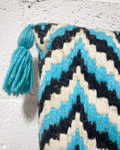 Load image into Gallery viewer, Vintage Turquoise and Black Woven Pillow with Tassels
