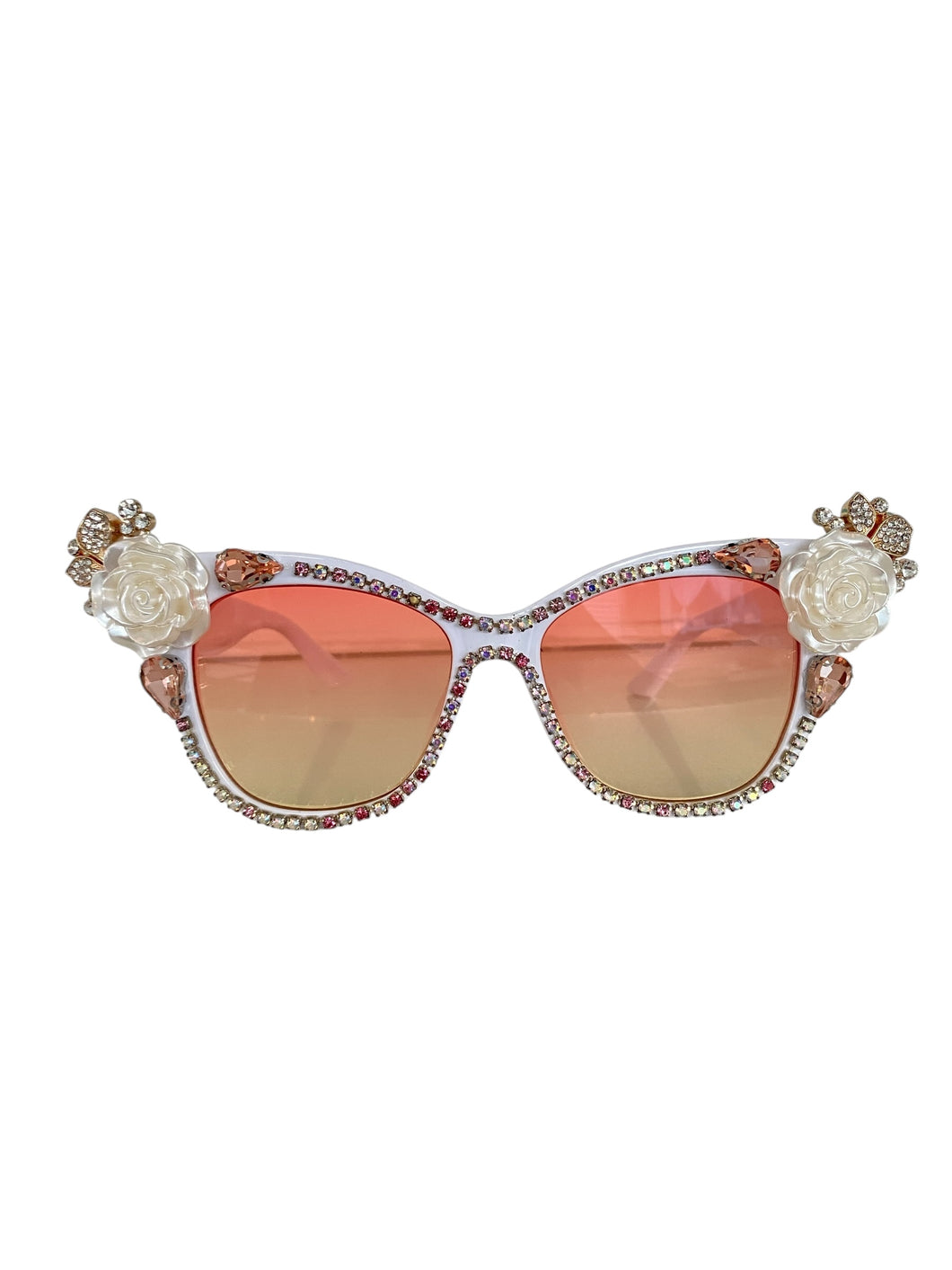 White Frame with White Rose Accents bejeweled Sunnies
