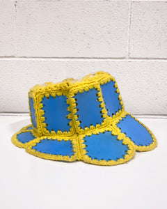 Vintage Yellow Crochet and Blue Plastic Hat