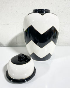 Large Black and White Zig Zag Vase with Lid