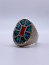 Load image into Gallery viewer, Native American Sterling Ring with Turquoise and Coral Inlay
