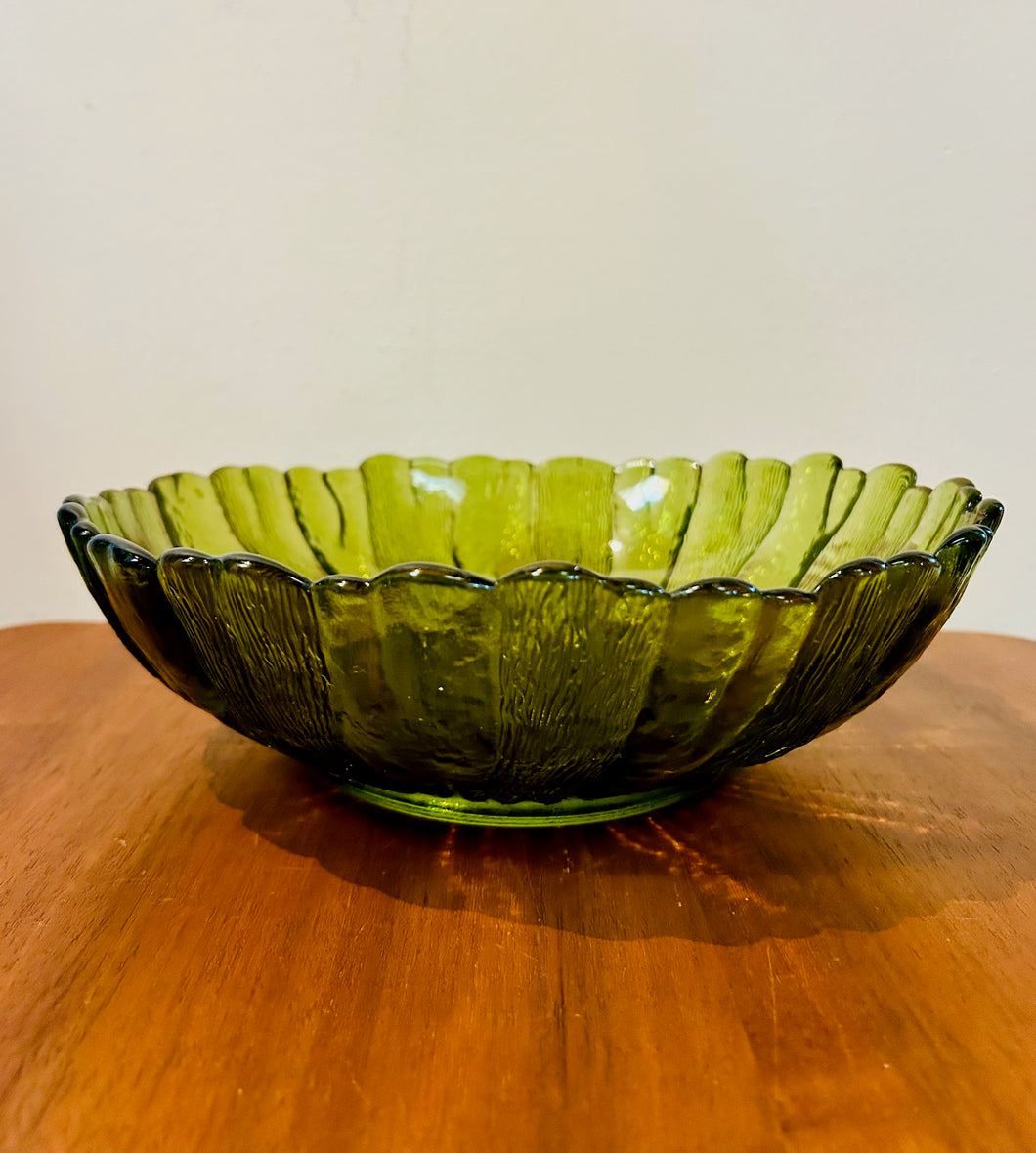 Indiana Glass Textured Avocado Green Sunflower Serving Bowl