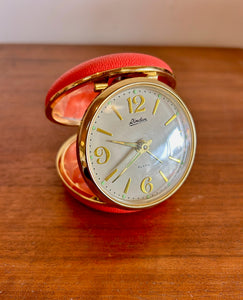 Vintage Gold Trim Round Wind Up Retro Coral Case Linden Mechanical Travel Alarm Clock w Lume