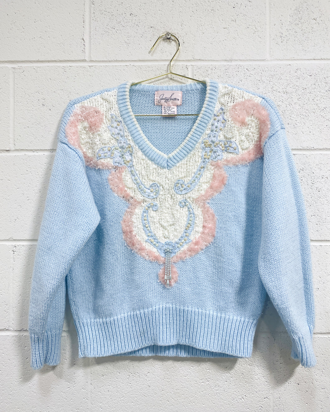 Vintage Baby Blue Sweater with Beaded Paisley Detail (M)