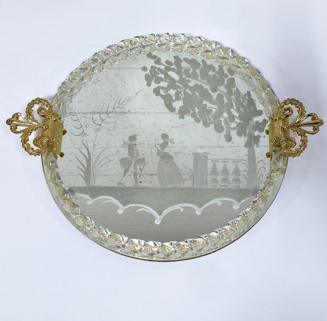 Vintage Murano Reverse Etched Mirror Vanity Tray