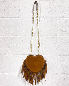 Faux Suede Brown Heart Purse with Fringe