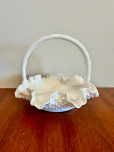 White Basket With Handle Candy Dish Milk Glass