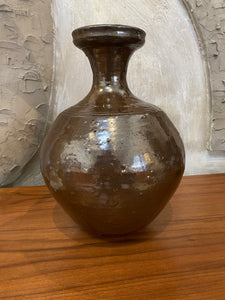 Large Hourglass shaped Chocolate Brown Stoneware vase