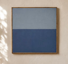 Load image into Gallery viewer, Blue minimalist abstract art print with powder blue upper field, cobalt blue lower field and slim natural wood frame.
