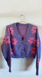 Tufted Pink Daisies on a lavender Cardigan