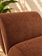 Load image into Gallery viewer, Image 5 of 5: Adele Lounge Chair in Cinnamon Clay polyester fabric with sculptural curved silhouette and natural wood frame
